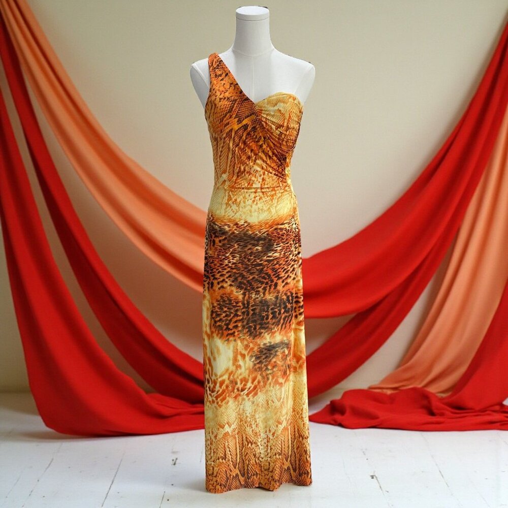 Lucas And Emma One Shoulder Maxi Dress Animal Print Cutout Resort Glam Evening